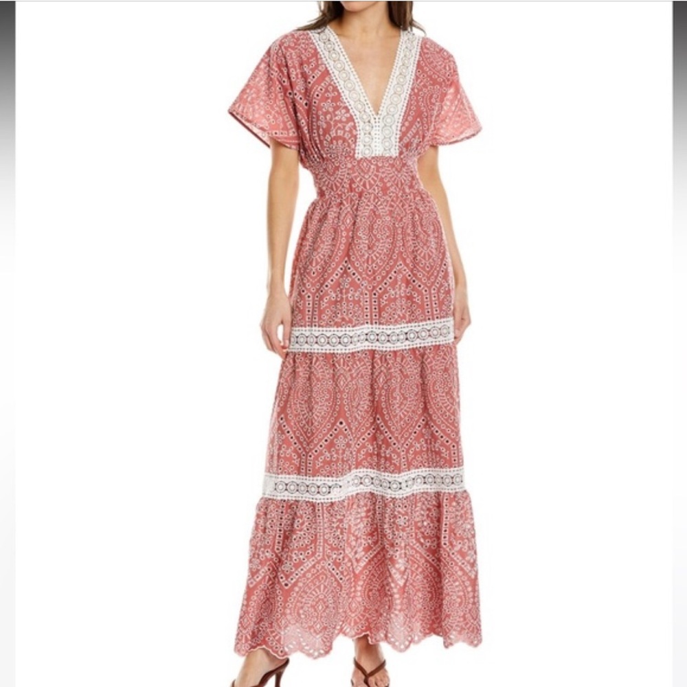 Elie Tahari Lace Trimmed Tiered Eyelet Maxi Dress HIGHLAND ROSE Size 4, $495 NWT